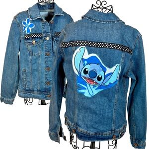 Old Navy Blue Denim Jacket with Hand‎ Crafted Lilo & Stitch Appliqué Girls 8-10